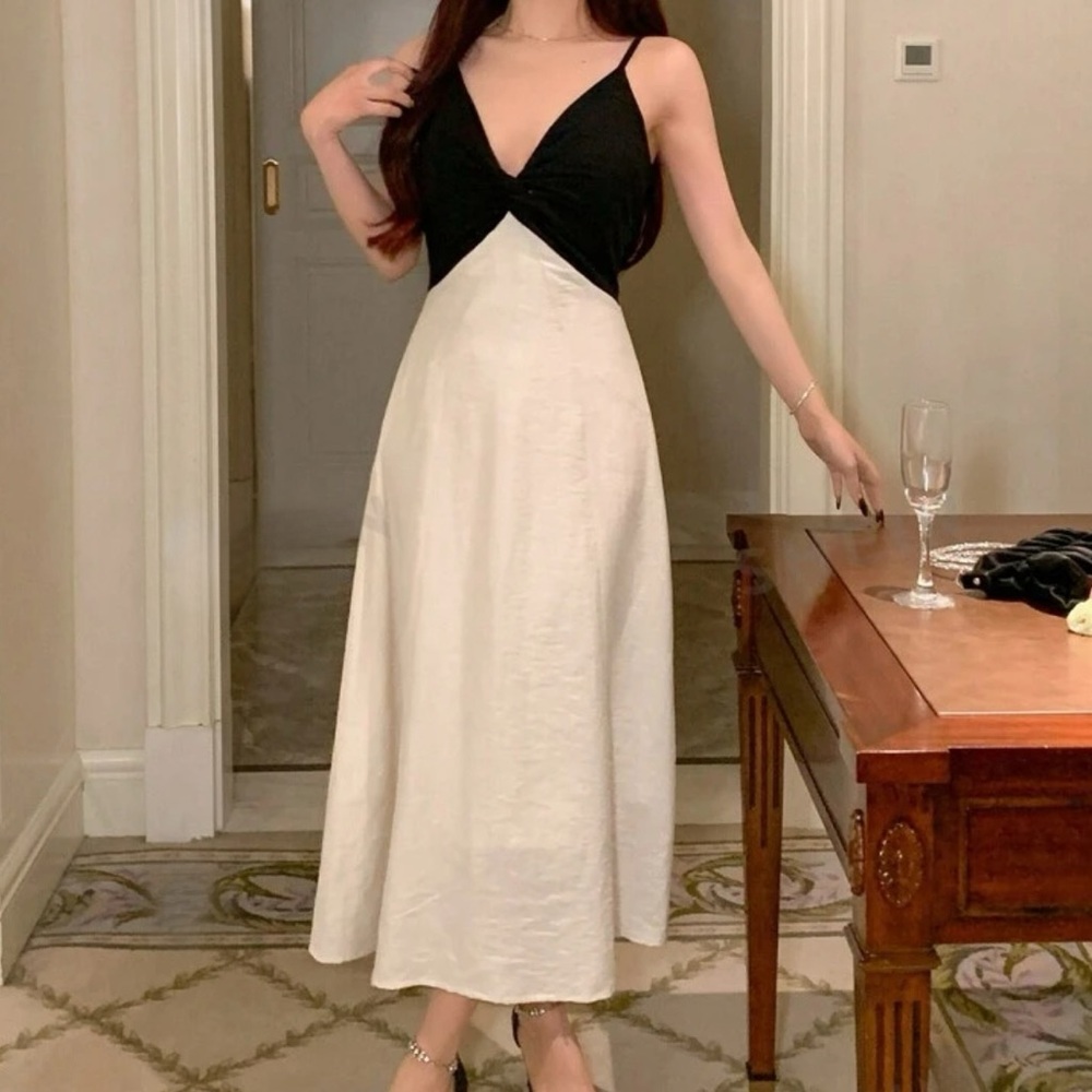 Cream & black Colorblock linen feel skirt Twisted Strap Midi Dress - Picture 2 of 5